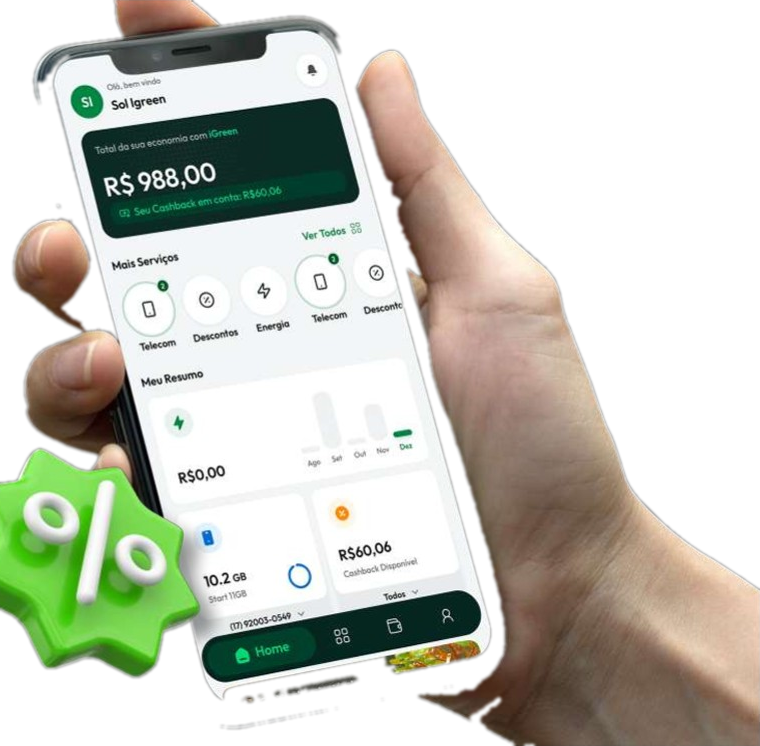 Aplicativo iGreen Club aberto em um celular, mostrando economia e cashback